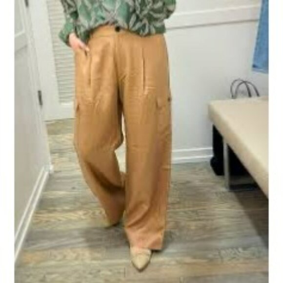 Wide-Leg Tan Cargo Pants By Loft Size 8 Lyocell/Linen Blend High-Waist Button & - Picture 3 of 9